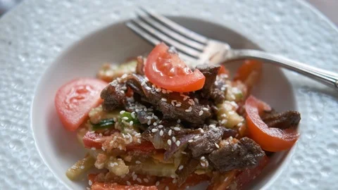 Close-up thai warm salad with meat and vegetables Stock-Footage 127532870