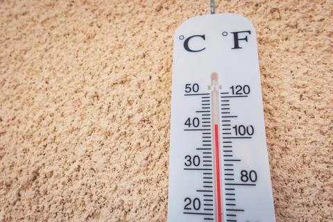 A close-up of a thermometer showing 41 degrees Celsius (Lot, France) Stock Photos