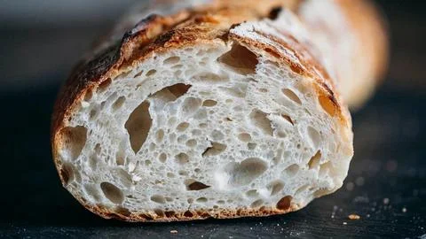 Close-up of a thick slice of crusty artisanal sourdough bread with airy texture Stock Photos