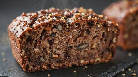 Close-up of a thick slice of moist whole grain bread with seeds and nuts on a Stockfoto's