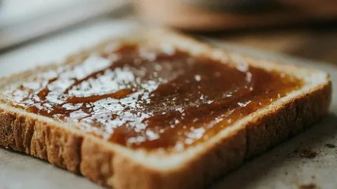 Close-up of a thick slice of toasted bread topped with smooth melted chocolate Stock Photos