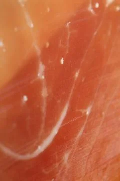 Close Up of Thin Cut Meat Bacon Macro Juicy Pork Foto stock