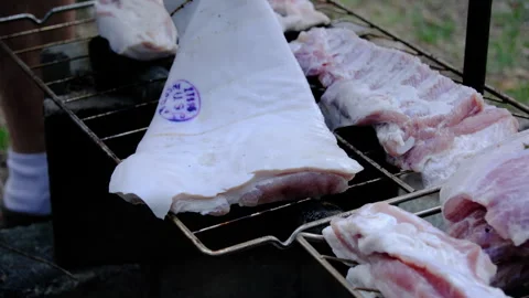 Close up of thin slice of cured and marinated pork belly with skin being flipped 스톡 동영상 246816266