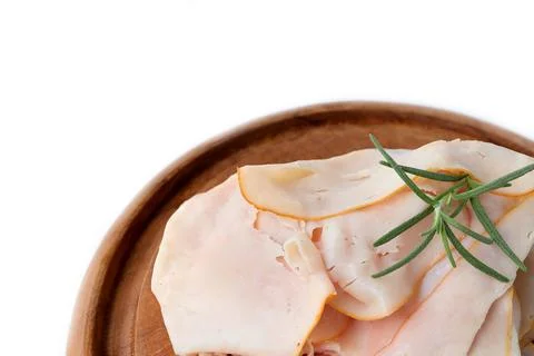 Close up of Thin slices of ham, Sliced ham on wooden cutting board for cooking Stock Photos
