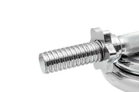 Close-up thread with screw for fastening discs of additional weight. Stock Photos