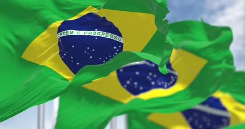 Close-up of three Brazil national flags waving in the wind Stock Footage 276917991