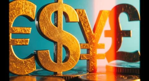 A close up of three different currencies, including the US dollar, the euro Illustrazione stock