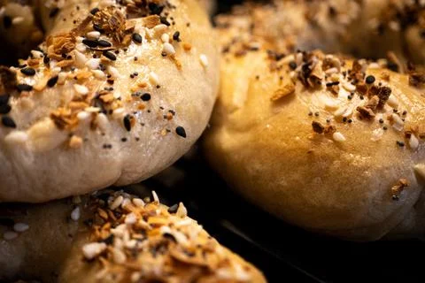 Close Up of Three Everything Bagels Foto stock
