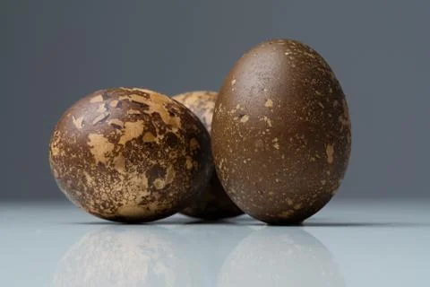 Close-up of three funny colored brown Easter eggs Stock Photos