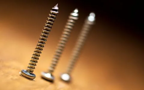 Close up of three  long neck standing screws on wooden background Stock Photos