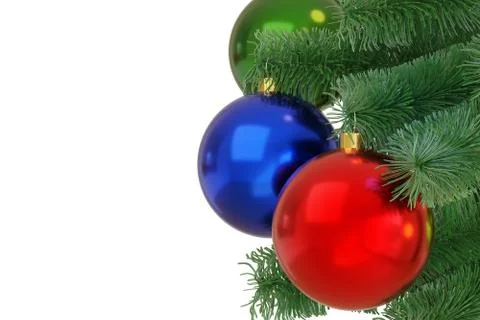 Close up of three red, green and blue christmas balls on christmas tree isola Stock Illustration