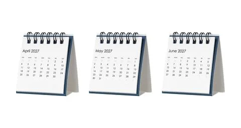 Close up of three spiral desk calendars for the first quarter of 2027. April, Stock Photos