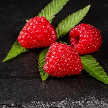 Close-up of three vibrant raspberry berries on a dark stone background Stock Photos