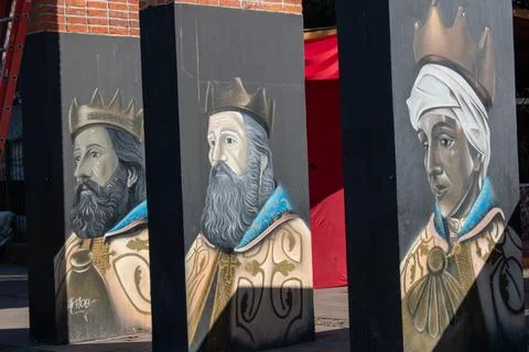 Close-up of the Three Wise Men murals on a public wall in Cajititlan, Jalisco Stock Photos
