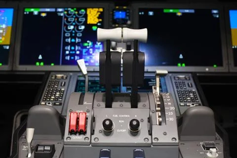 Close up of throttle and instruments on a 787 Stock Photos