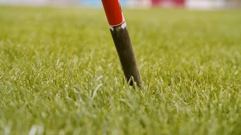 Close Up Throwing Spear Landing on Grass Field Stock Footage 111755531