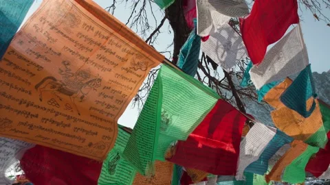 Close-up of Tibetan Buddhist prayer flags fluttering 動画素材 233599710