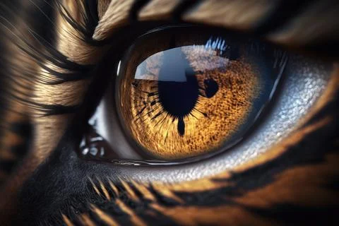 A close up of a tiger's eye with a reflection of the sky in it realistic ey.. Stock Illustration