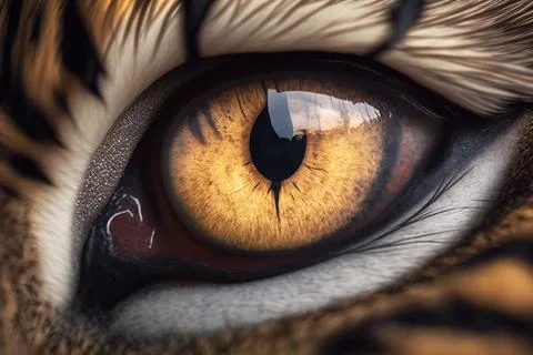 A close up of a tiger's eye with a sky background and clouds reflected in i.. Stock Illustration