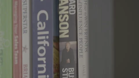 Close-Up Tilt Down Across Books on a Bookshelf Stock Footage 344603884