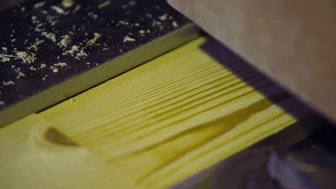 Close Up Of Timber Material Moved By Conveyor Into Wood Processing Machine Stock Footage 220772637