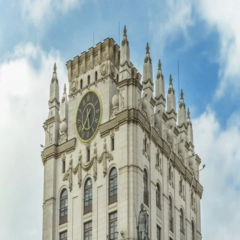 Close-up timelapse of The Gates of Minsk (left tower). Belarus. 스톡 동영상 69563247