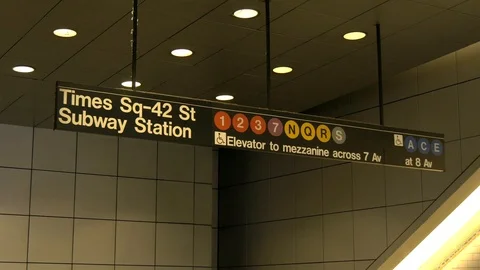 Close up of the Times Square subway station sign, New York Stock Footage 87341702