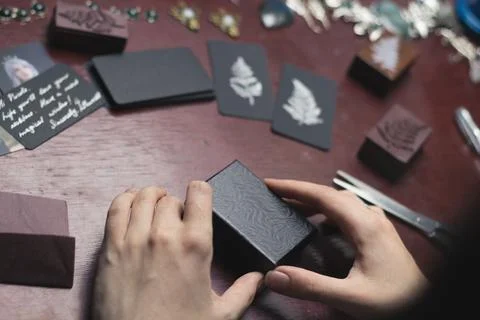Close up tiny black package concept photo Stock-Fotos