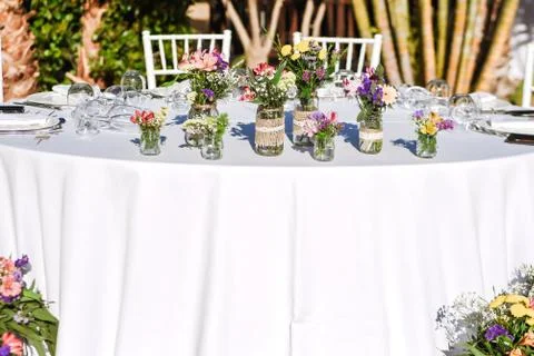 Close-up of tiny bouquets on a restaurant table Stock Photos