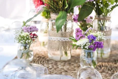 Close-up of tiny bouquets on a restaurant table Foto stock