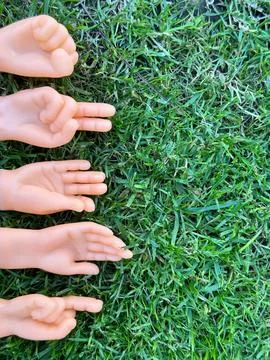 Close up of tiny hands finger puppets showing gestures on grass Stock Photos
