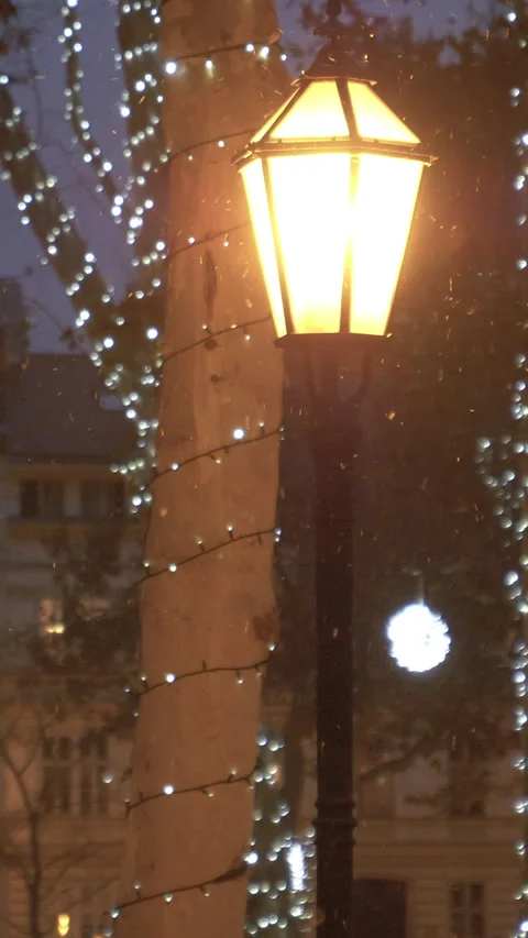 CLOSE UP: Tiny snowflakes start falling from the sky and past a lit up lantern. Stock Footage 306485194