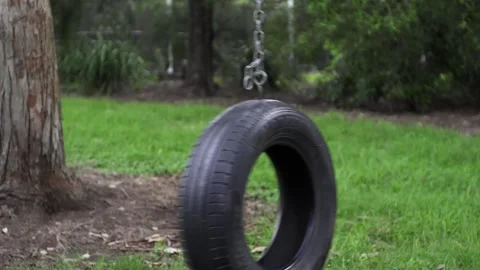 Close Up Tire Swing Hanging from Tree with Chain, Camera Tilts Up 스톡 동영상 332109522