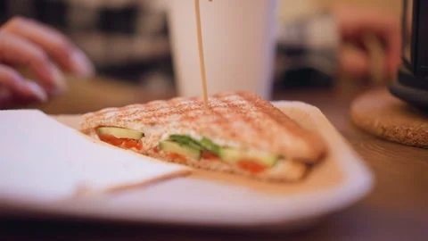 Close up of toasted sandwich filled with tomato cucumber leafy greens on whole Stock Footage 346729653