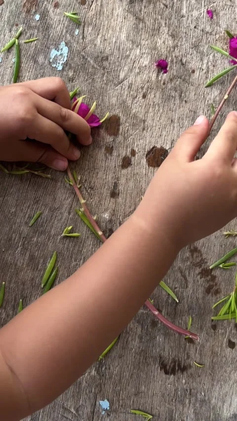 Close up of toddler hands playing and arranging small purple flowers on wood. Stock Footage 346013322