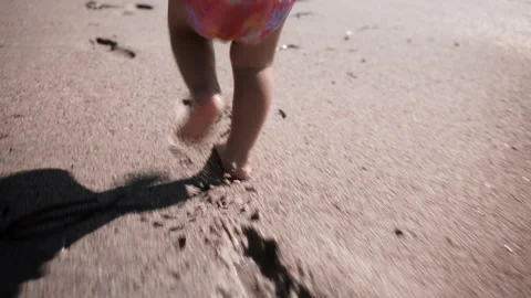 Close Up of Toddler Running on Sandy Beach in Kassandra Halkidiki Greece 스톡 동영상 332046519