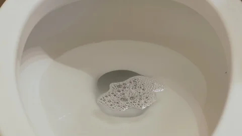 Close up on toilet bowl as man cleans toilet with cleaner and brush then flus Stock-Footage 87192853