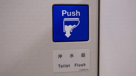 Close up on toilet flush button and push sign in airplane lavatory Video stock 84783273