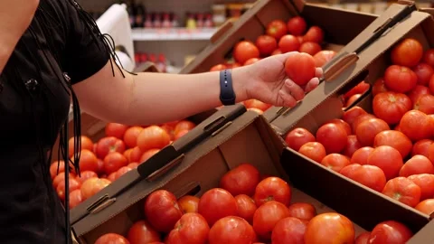 Close-up of tomatoes in a box in the supermarket. Stock Footage 295843358