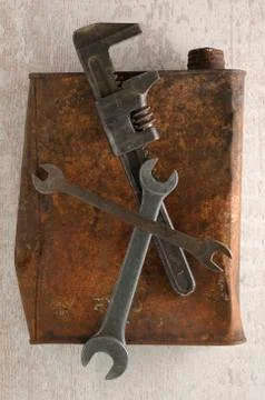 Close-up of Tools and Rusty Oil Can Stock Photos
