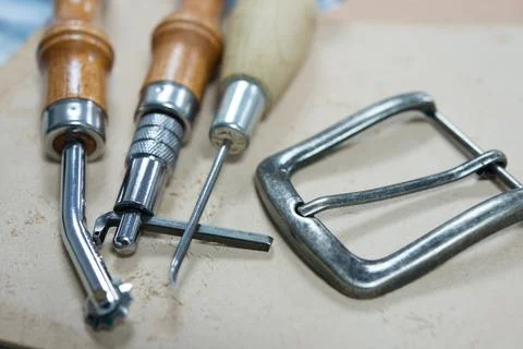 Close up of tools for leather making Foto stock