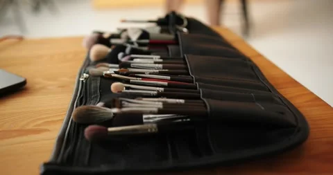Close-up of the tools of the make-up master before working with the model Stock Footage 279916003
