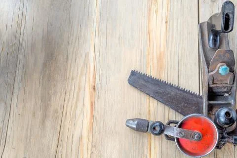 Close up tools on a wooden background Stock Photos