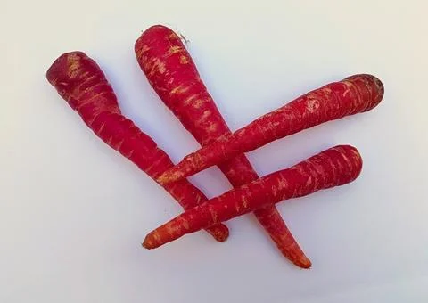 Close up from top angle of Red carrots on an isolated white background. Foto stock
