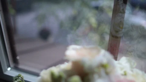 Close up of top of bouquet on window Video stock 97093120