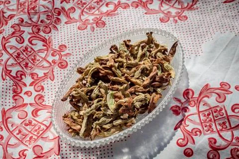 Close top shoot of dried string beans on tranparent plate Stock Photos