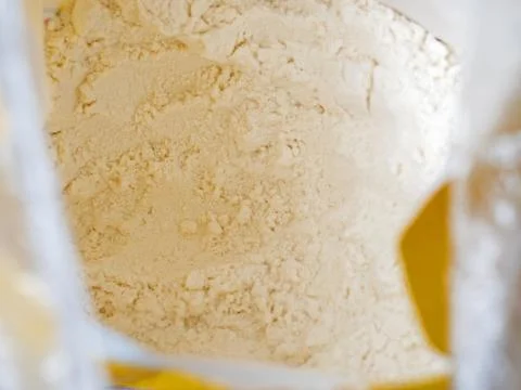 Close-up top view of a bag of white wholemeal flour Stock Photos