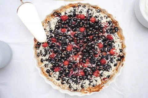 Close up top view of black fruit cheesecake tart served for guest at wedding Stock Photos