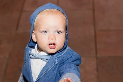 Close up top view of cute one year toddler with open mouth Stock Photos