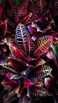 Close-up top view of dark multicolored tropical leaves Stock Photos